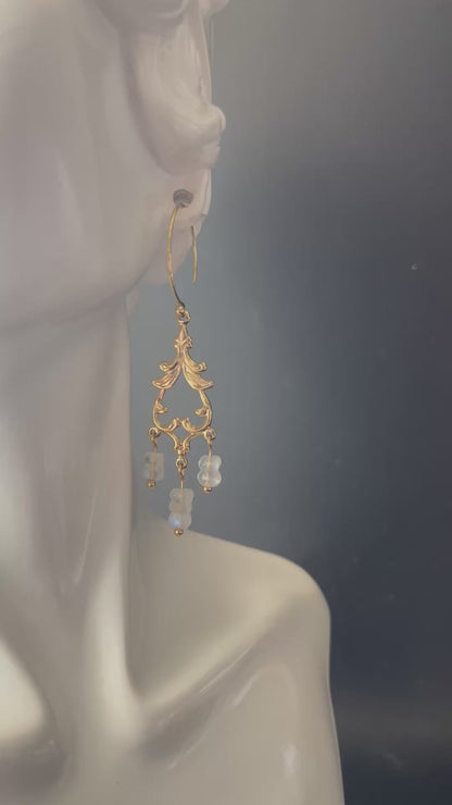 Chandelier Earrings in Gold with White Stone Beads