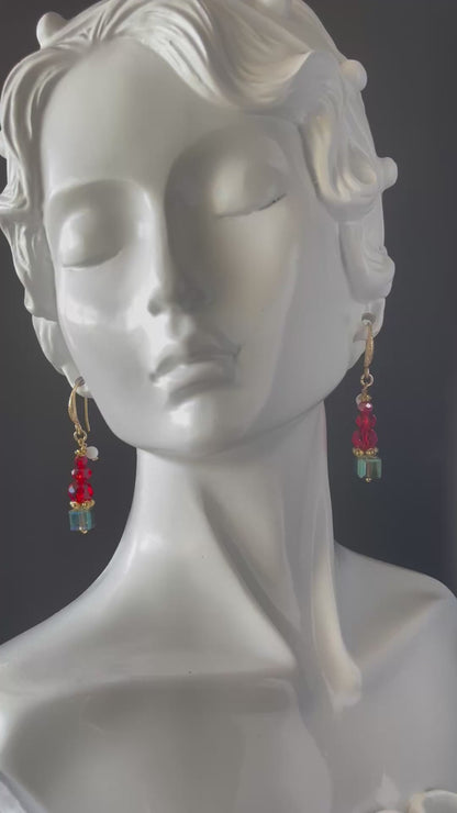 Handcrafted Red Christmas Earrings - Austrian Crystal Blue Dangle Earrings with Gold Hooks