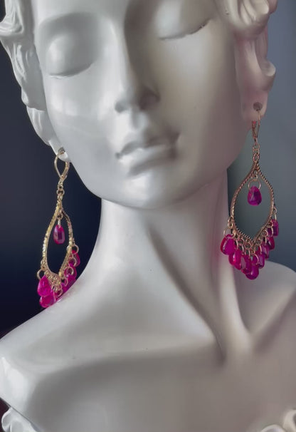 Chandelier Earrings in Gold Color with Pink Beads