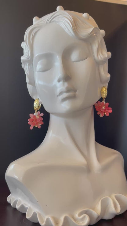 Pink Flower Beads Earrings with Freshwater Pearls Accent in Gold