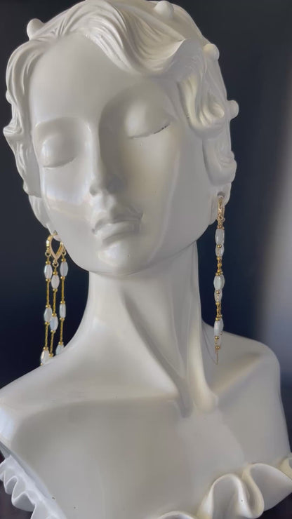 Gold Waterfall Earrings with White Crystal Beads – Timeless Statement Dangle Jewelry
