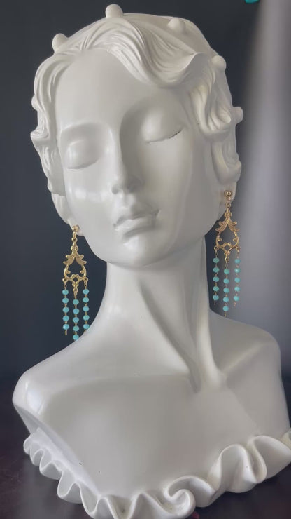 Gold Chandelier Earrings with 3mm Teal Beads – 14K Gold-Tone Frame & Ball Studs