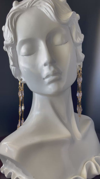 Gold Waterfall Earrings with Pink Crystal Beads – Romantic Statement Dangle Jewelry