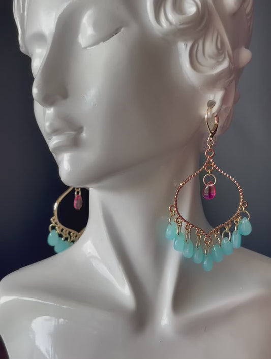 Chandelier Earrings in Gold Color with Teal Beads