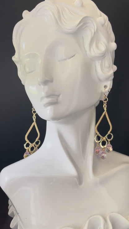 Gold colored Chandelier Earrings with Crystal Strawberry beads wire wrapped frame 14 ct Gold filled hooks
