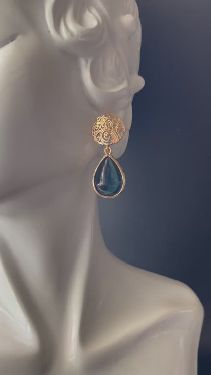 Drop Earrings in Champange Gold Colored Brass with Deep Blue Teardrop Shape Charm