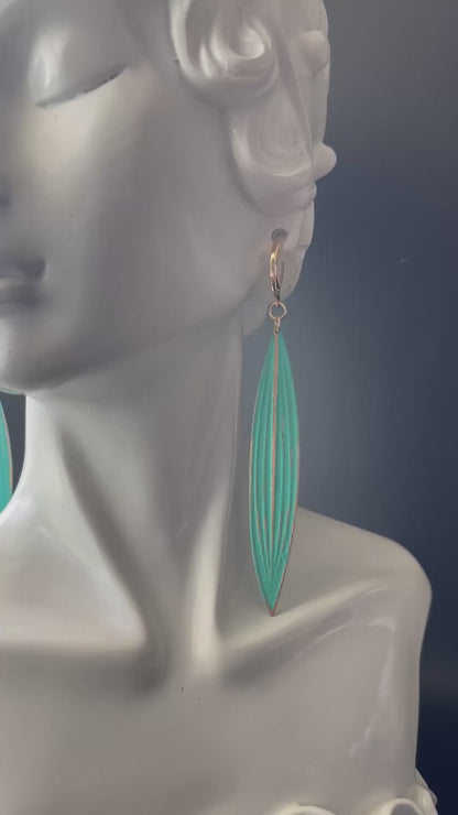 Leaf Shaped Earrings in Teal with Gold Color Plated Brass Clip