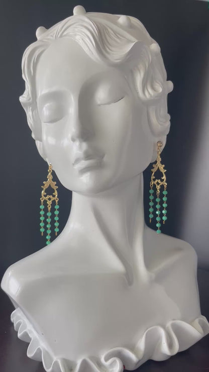 Gold Chandelier Earrings with 3mm Green Beads – 14K Gold-Tone Frame & Ball Studs