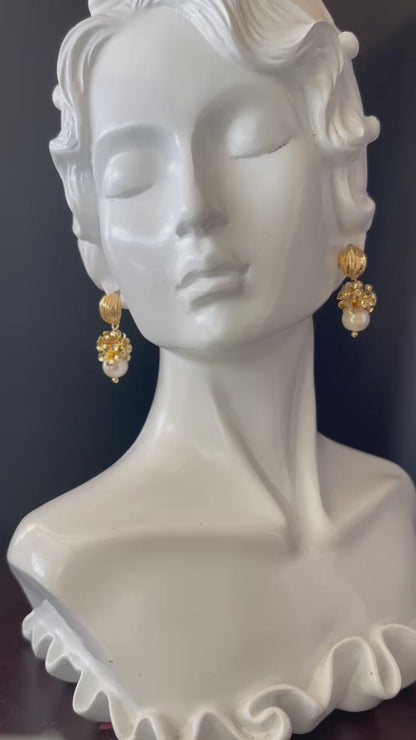 Gold Color Plated Brass Bead Cap Flower with Freshwater Pearls