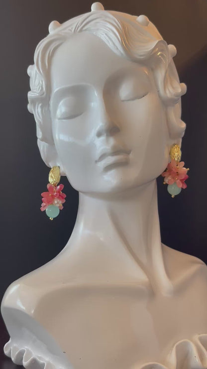 Pink Flower Beads Earrings with Freshwater Pearl Accent in Gold