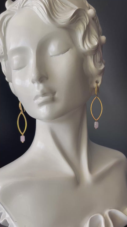 Dangle Leaf Shape Earrings in Brass Gold Color with Pink Glass Beads