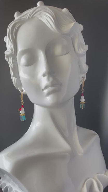 Handcrafted Snowman Christmas Earrings - Austrian Crystal Green Color Dangle Earrings with Gold Hooks