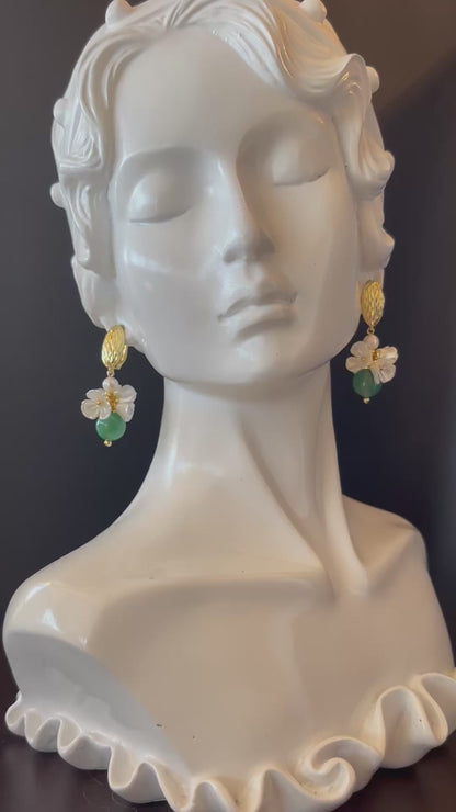 White Flower Beads Earrings with Green Bead Accent in Gold