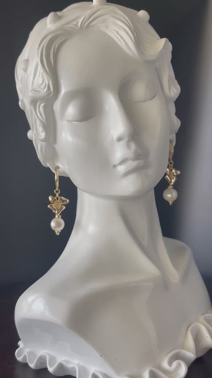 18K Gold Plated Copper Flower Shape Earrings with Fresh Water Pearl Accent