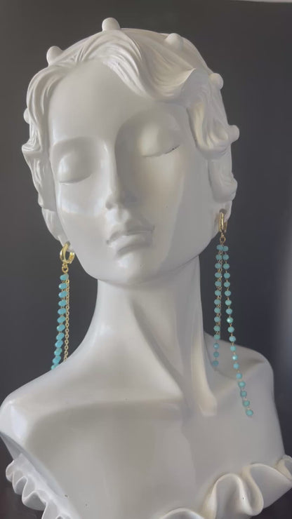 Gold Long Drop Earrings with Blue Turquoise Beads – Handcrafted Beaded Dangle Earrings