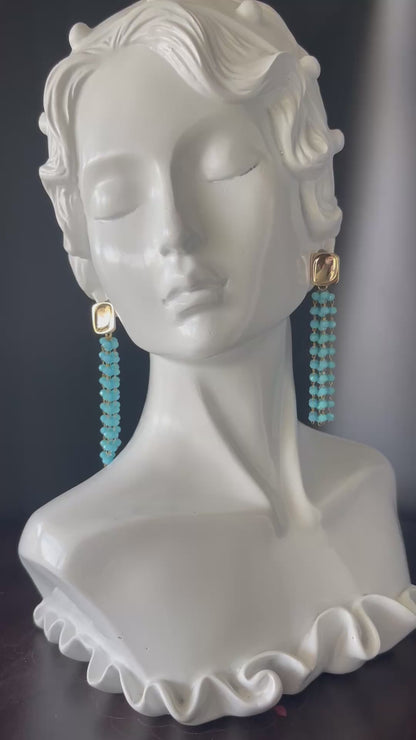 Gold Chandelier Earrings with 3mm Teal Beads – 14K Gold-Tone Frame & Ball Studs