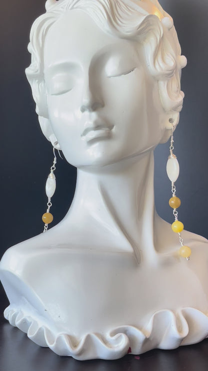 Dangle Boho Style Earrings in Silver with Yellow and Brown Beads