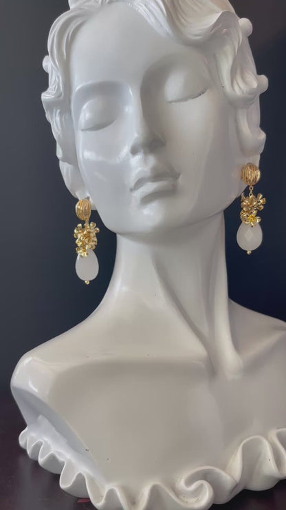 Gold Color Plated Brass Bead Cap Flower Earrings with White Teardrop Stone