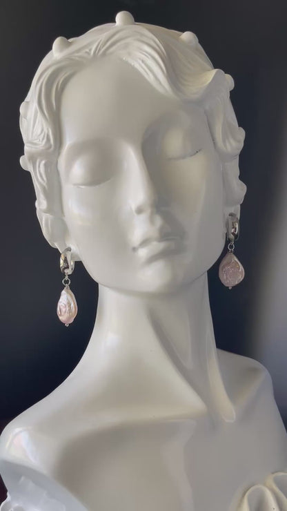 Teardrop Pink Pearl Earrings – Rhodium Finish with Clasps & Hooks