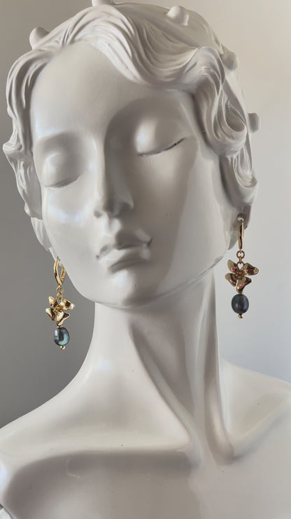 Gold Floral Shape Earrings with Black Fresh Water Pearl Accent