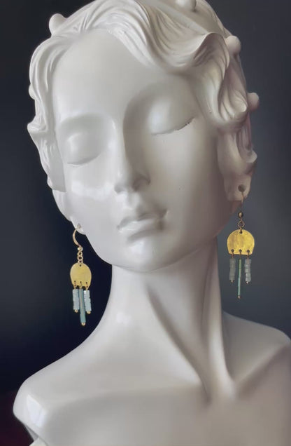 Dangle Earrings in Gold Color with Teal/Blue Glass Square Beads