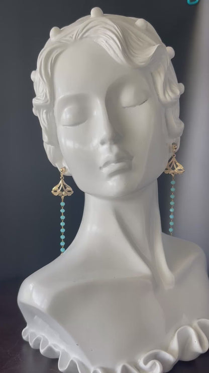 Gold Chandelier Earrings with 3mm Teal Beads – 14K Gold-Tone Frame & Ball Studs