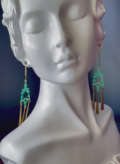 Chandelier Earrings in Gold and Teal Color