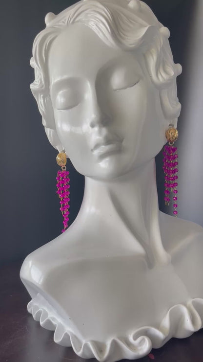 Gold Chandelier Earrings with 3mm Pink Beads – 14K Gold-Tone Ball Studs