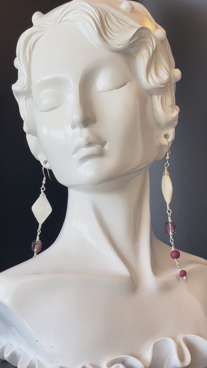 Dangle Boho Style Earrings in Silver Purple Beads