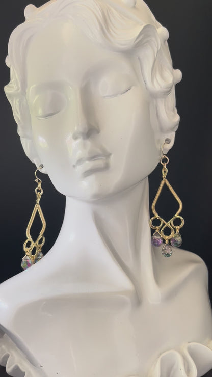 Gold colored Chandelier Earrings with Crystal Strawberry beads wire wrapped frame 14 ct Gold filled hooks
