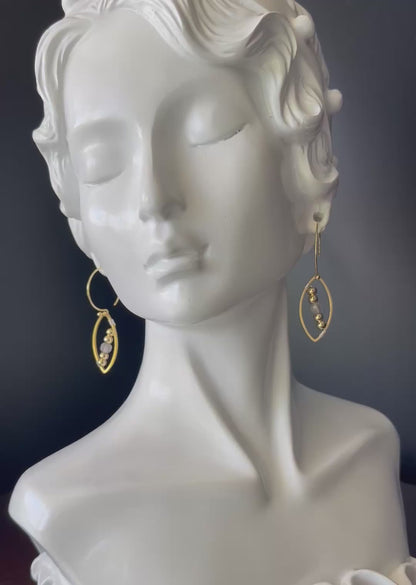 Dangle Leaf Shape Earrings in Brass Gold Color with Gold Color and Moonstone Beads Accent