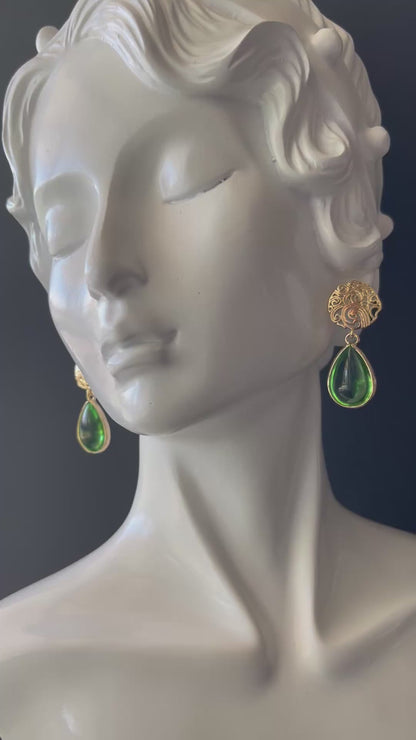 Drop Earrings in Champange Gold Colored Brass with Green Glass Teardrop Shaped Charm