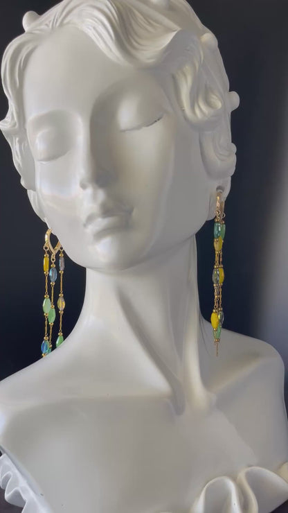 Gold Waterfall Drop Earrings with Mixed Color Beads – Elegant Dangle Earrings for Women